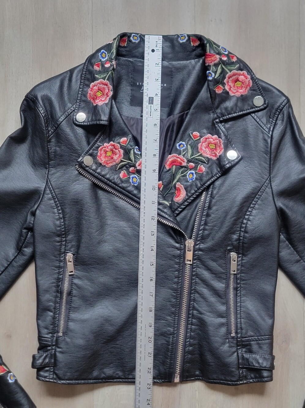 Streetwear Society Floral Embroidered Faux Leather Moto Biker Boho Jacket Size L - Picture 11 of 16